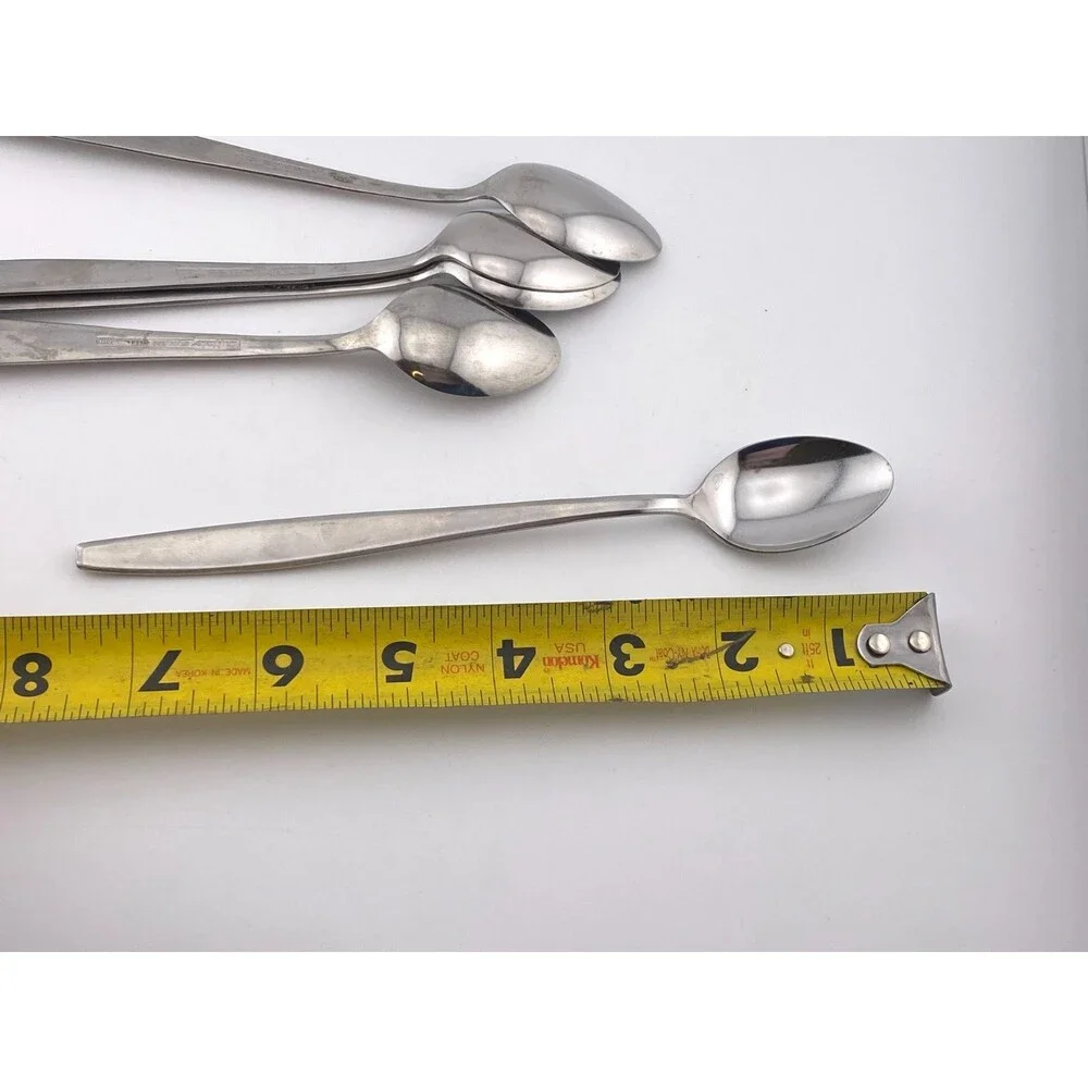 Vtg BUFFALO JAPAN Stainless 6pc Long Dessert Drink Spoons Flatware Silverware